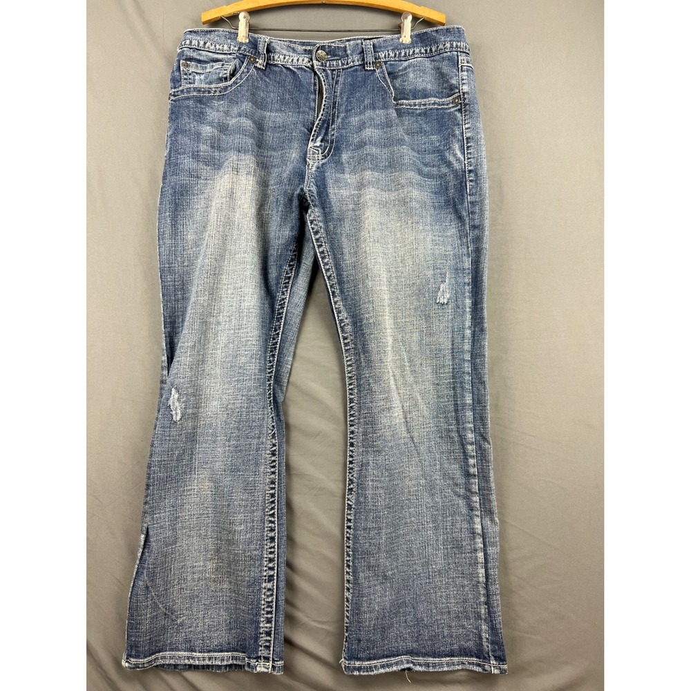 T.K. Axel Jeans Mens 38x30 Straight Leg Medium Wash Distressed Blue Denim Good
